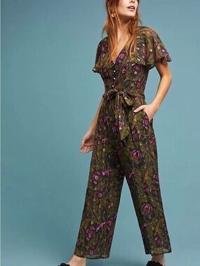 Anthropologie Ett Twa Metallic Floral Brenda Jumpsuit Green Wedding Guest Party